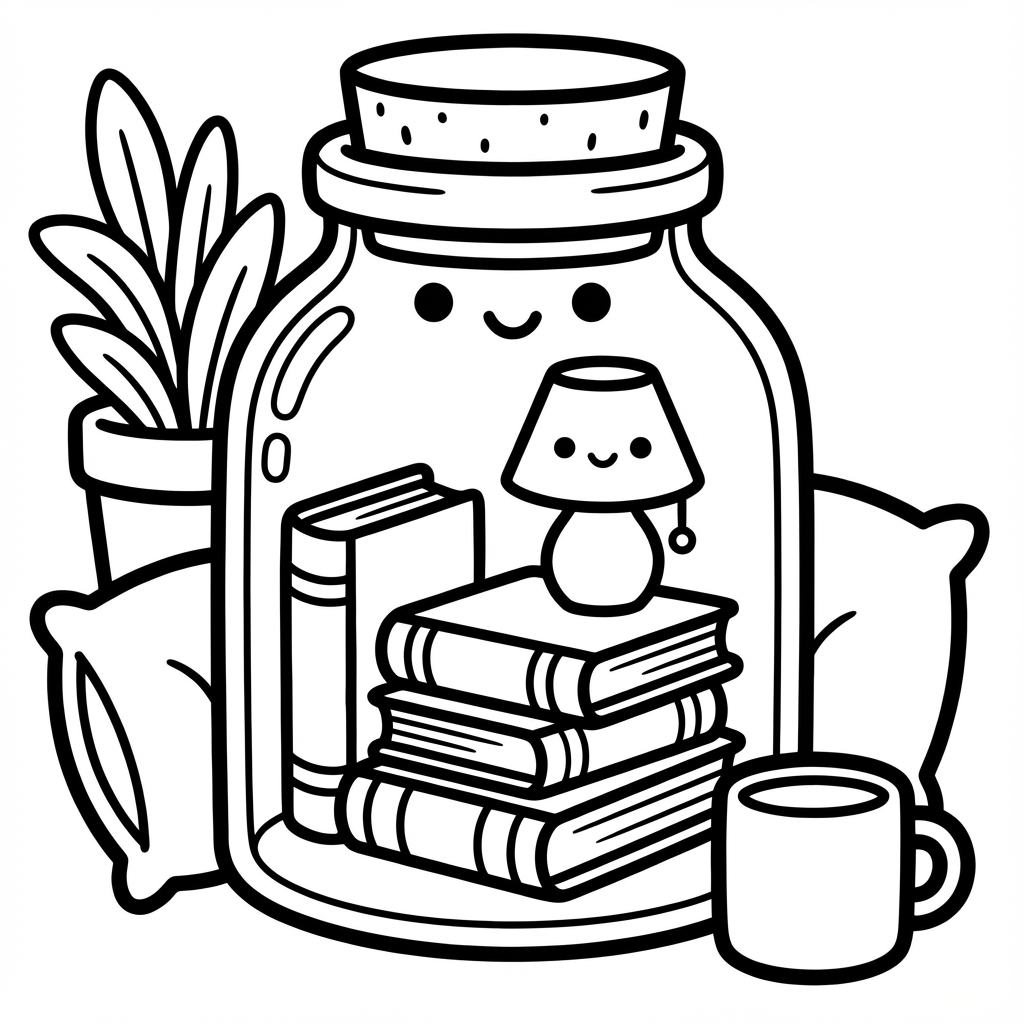 A rocket blasting off inside a space bottle with planets, an easy bold coloring pages scene with simple shapes.